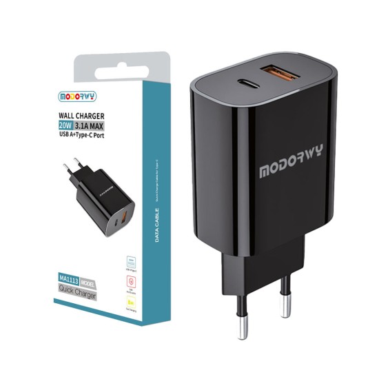 Adaptador Modorwy MA1113 5V 3,1A USB+Tipo-C Preto